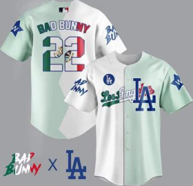 Men's Los Angeles Dodgers #22 Bad Bunny White/Green Split Cool Base Stitched Baseball Jersey Men's Los Angeles Dodgers #22 Bad Bunny White/Green Split Cool Base Stitched Baseball Jersey